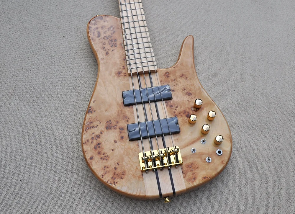 5 Strings Neck-thru-body Electric Bass with Burl Maple Veneer,Active Circuit,Maple Fretboard