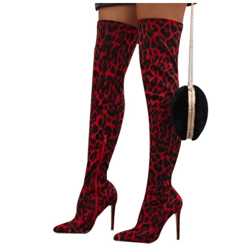 Red Leopard Thigh High Boots Pointed Toe Thin Heels Stretch Over The Knee Boots Zipper Winter Long Boots Drop Ship