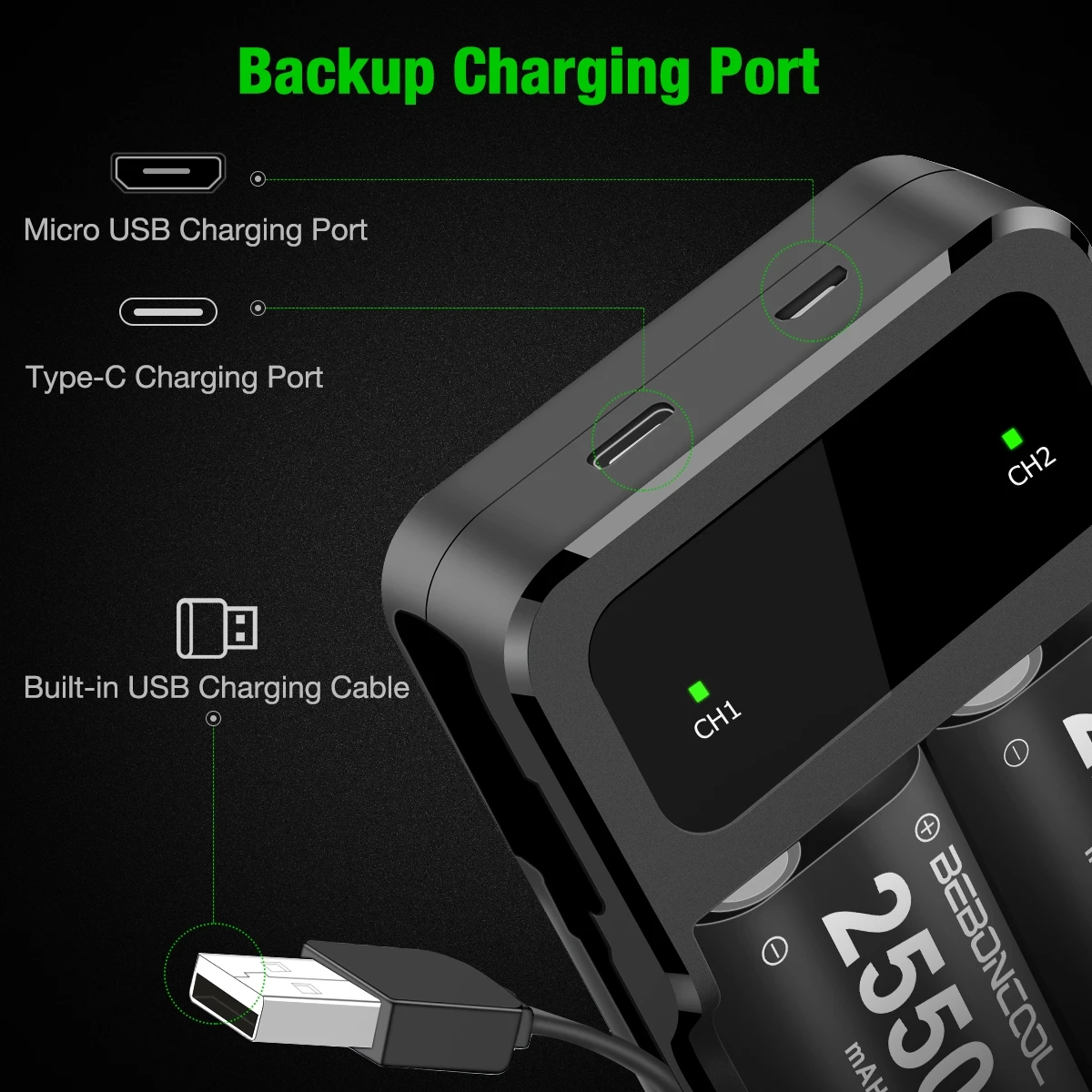 Batería de 2x2550mAh para Xbox Series X, soporte de carga para Xbox One, baterías recargables para Xbox Series S + cargador de batería tipo C