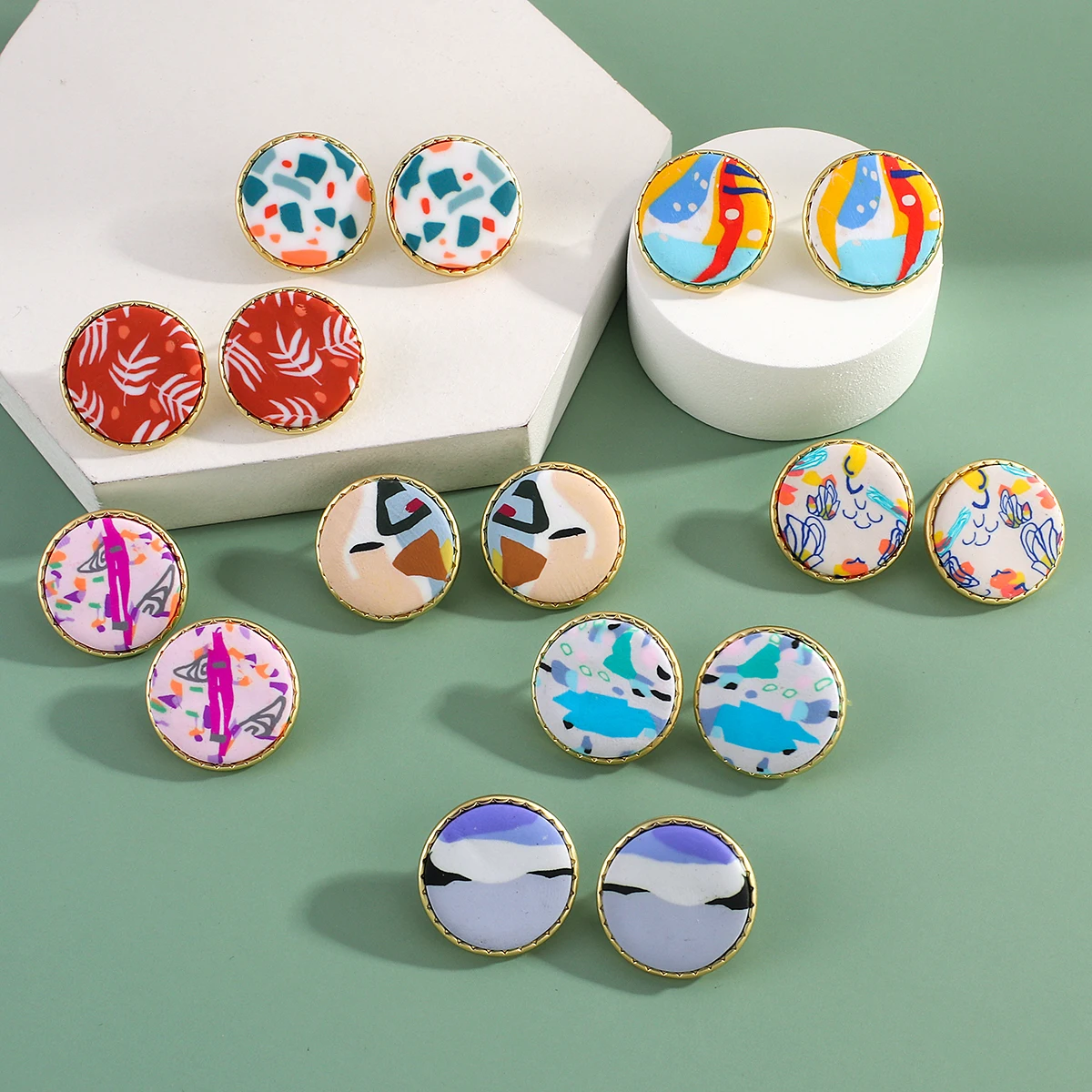 AENSOA Fashion Graffiti Round Polymer Clay Stud Earrings For Women Colorful Cute Geometric Circe Earring Jewelry Gift Wholesale