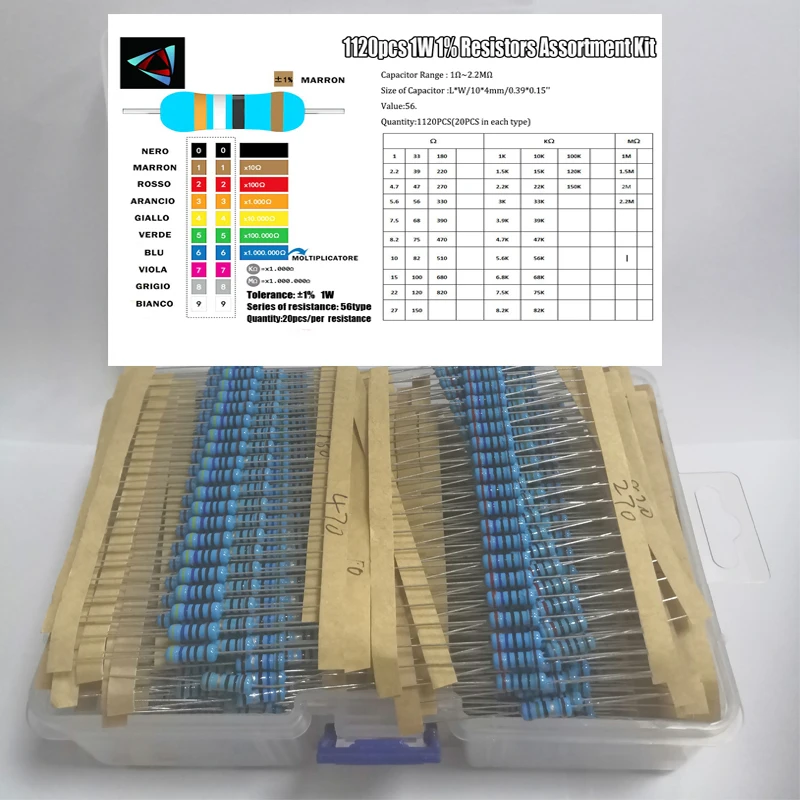 

1120 шт., 1 Вт, 1%, 56 значений, 1-2,2 M Ом, стандартный набор