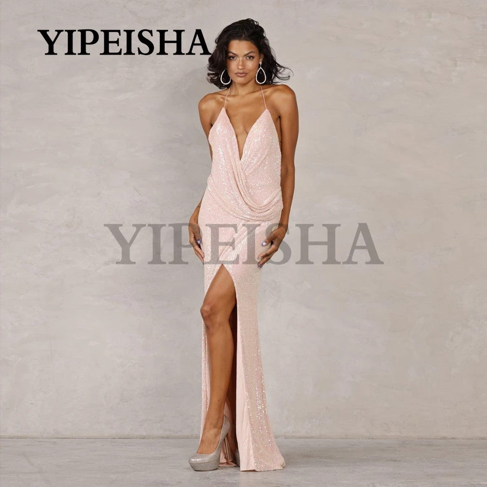 

Customized Glittry Deep V-Neck Sexy Evening Dresses Backless Front High Split Sequined Spaghetti Strap Prom Gown Robes De Soirée