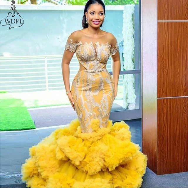 Robe De Soirée Sirène En Dentelle Jaune Or, Grande Taille, Jupe À Volants,  Robes De Bal Pour Femmes Africaines, Manches Courtes, Nouvelle Collection  2020 - Robes De Bal - AliExpress