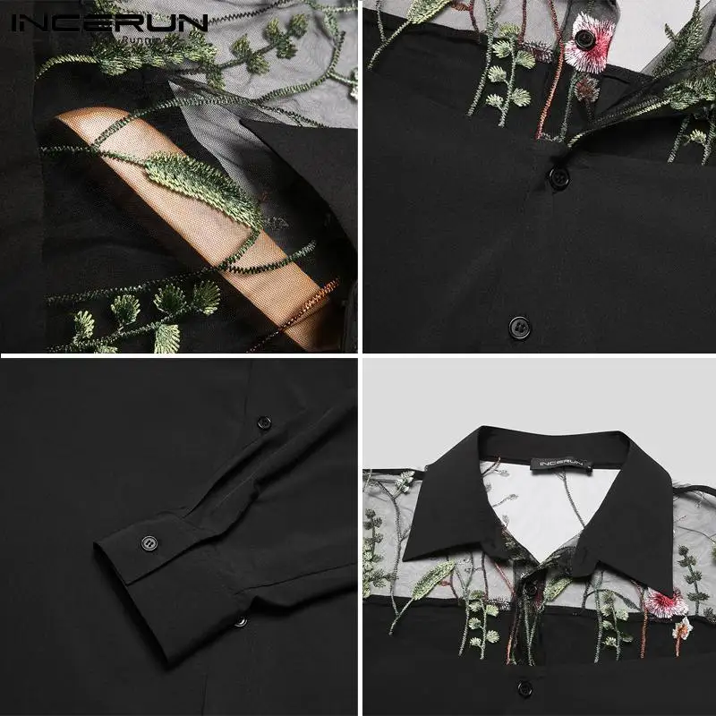 Fashion Men Shirt Mesh Patchwork 2023 See Through Lapel Long Sleeve Party Nightclub Shirts Embroidered Streetwear Camisa INCERUN