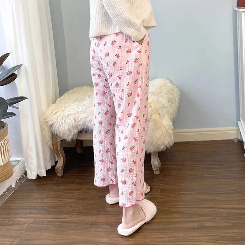 Women Floral Sleep Bottoms Fresh Kawaii Loose Japanese Style Home-wear Lovely Girls Young Leisure Comfortable Pockets Spring New