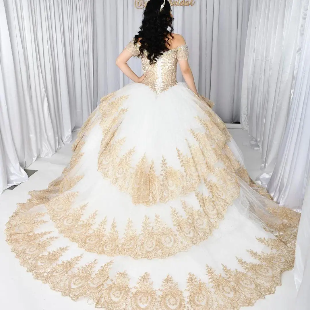 Amazing White And Gold Embroidered Wedding Dress Princess off the shoulder with Cap Short Sleeves Layered Reception Dresses