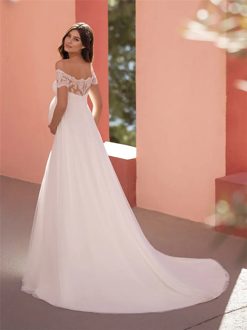 Beach Wedding Dresses For Pregnant Women Boat Neck Short Sleeves Empire A-line Bridal Gowns with Veil Maternity Robe De Mariée