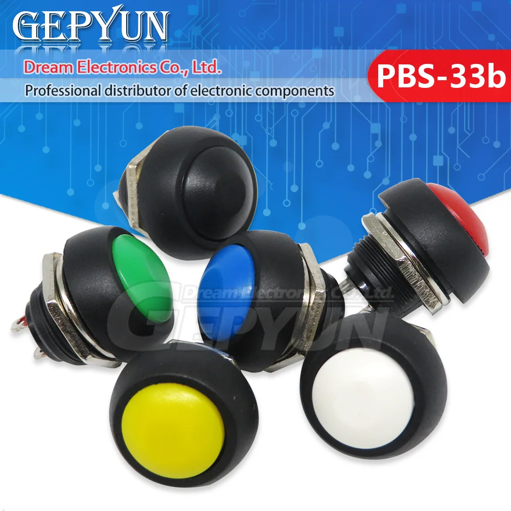 5Pcs PBS-33b 2Pin  12mm 12V 1A 6 color Mini Switch Waterproof momentary Push button Switch since the reset Non-locking