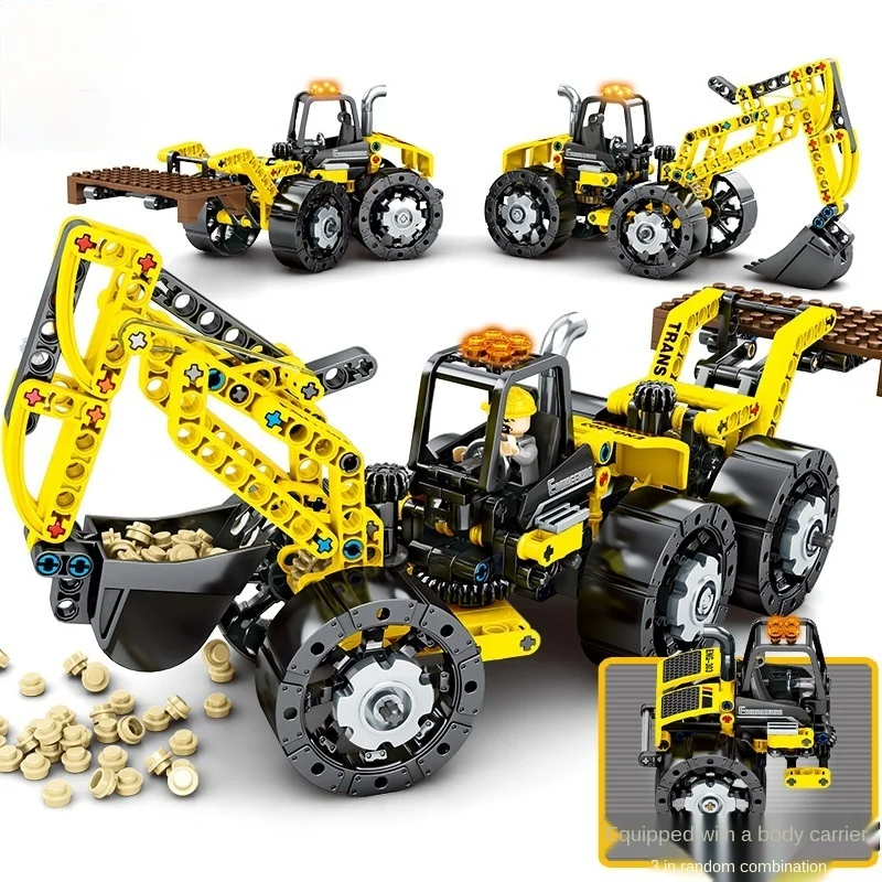 

New Tech Building Blocks Figure 3 In1 Multi-functional Engineering Vehicle Small Particles Assembly Forklift Excavator Boy Toy