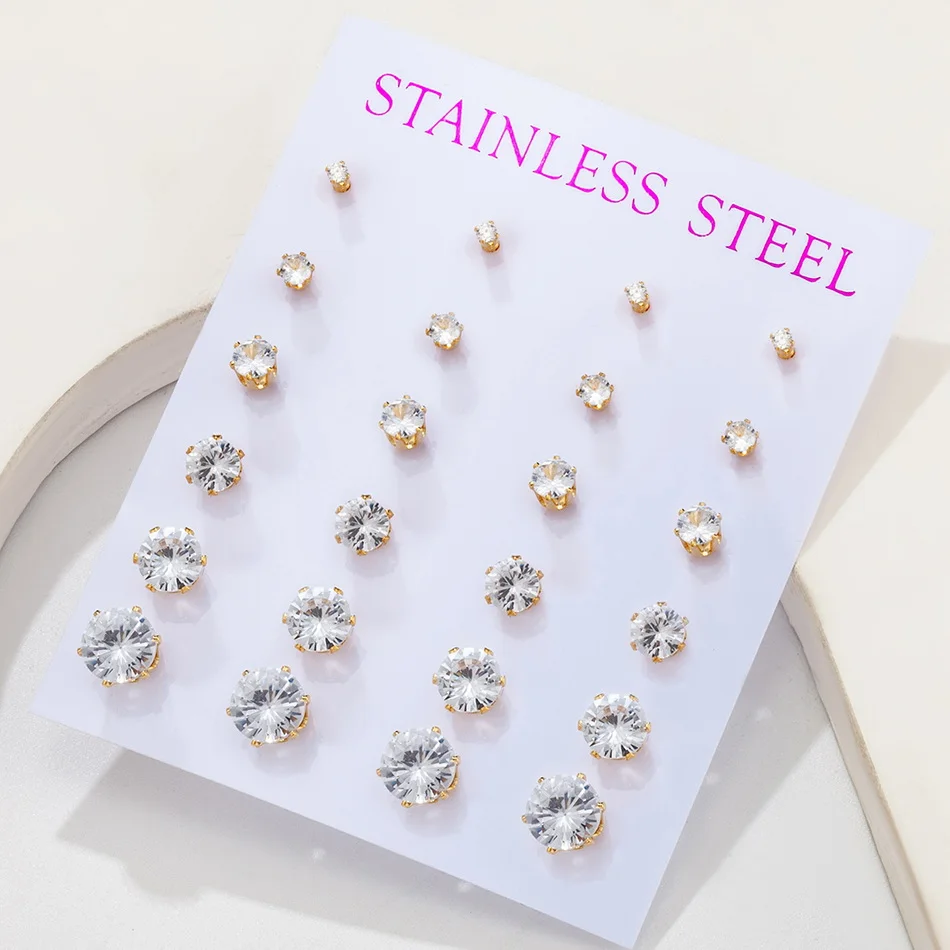 12 Pairs 2-7mm Mixed White CZ Zircon Earrings Set Golden Stainless Steel Ear Piercing Stud Women Men Accessories Fashion Jewelry