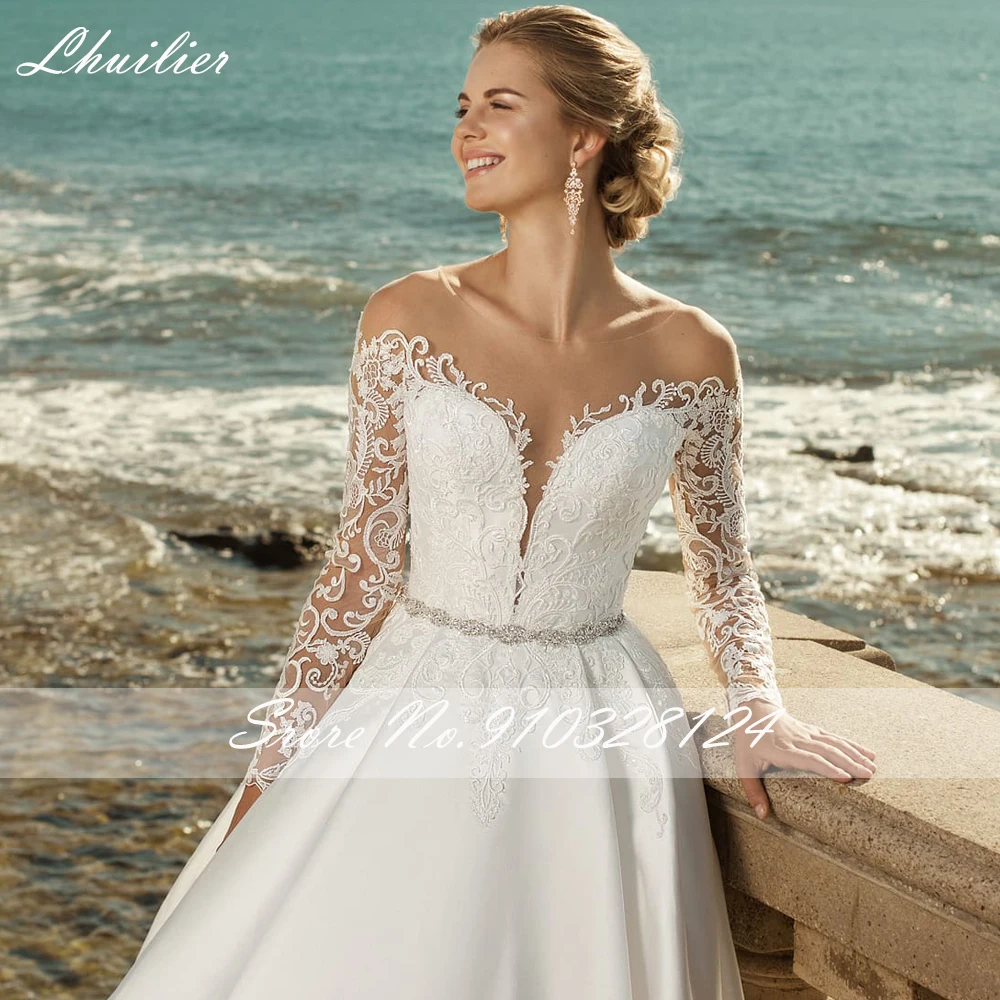 Lhuilier op maat gemaakte dames A-lijn satijnen trouwjurken vloerlengte volledige mouwen kanten applicaties bruidsjurken met kapelsleep