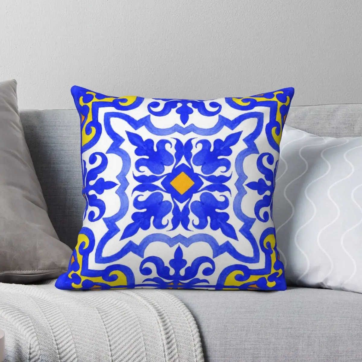 Portuguese Azulejo Tiles Square Pillowcase Polyester Linen Velvet Pattern Zip Decor Pillow Case Car Cushion Cover 18