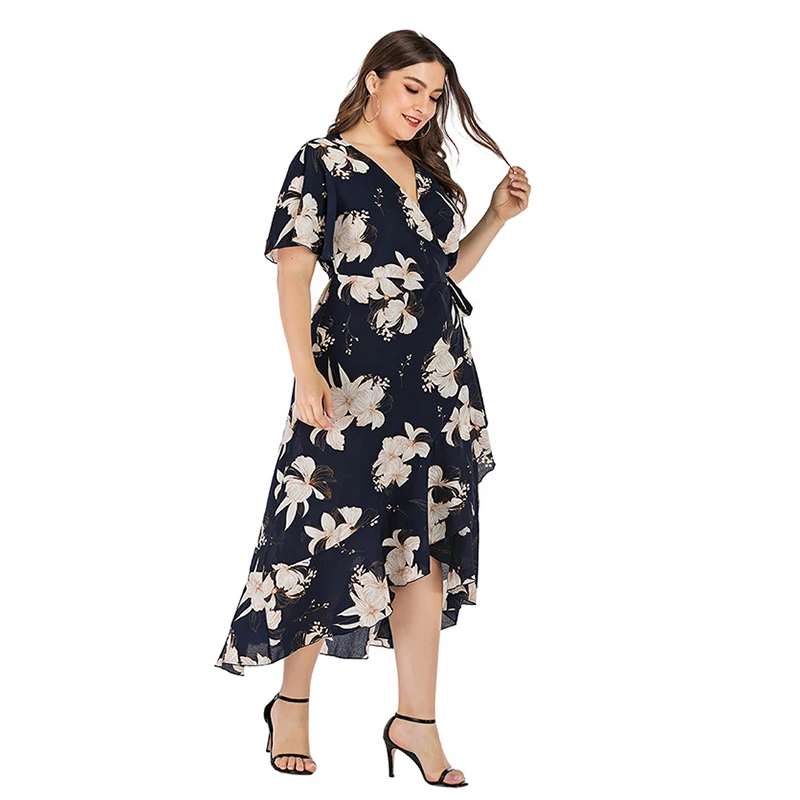 Vestido de verano de manga corta con flores para mujer, traje largo de estilo vendaje, a la moda, talla grande, 2023