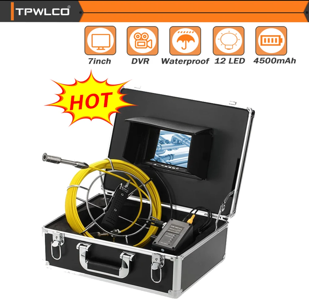 DVR Recorder 20-50m Cable Drain Inspection Camera 7” Screen 23mm 1000TVL Waterproof Sewer Pipeline Industrial Endoscope System