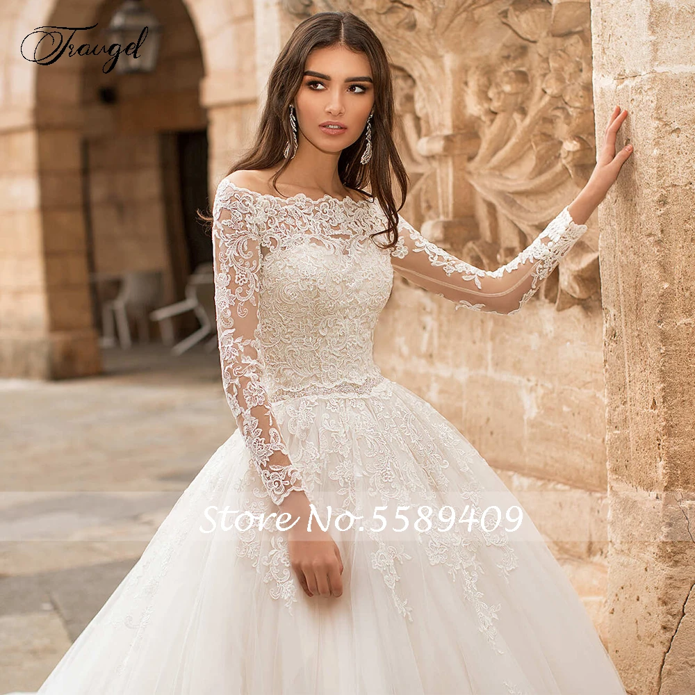 Traugel sexy barco pescoço manga longa rendas vestidos de casamento do vintage luxo applique faixas capela trem botão uma linha vestidos de noiva