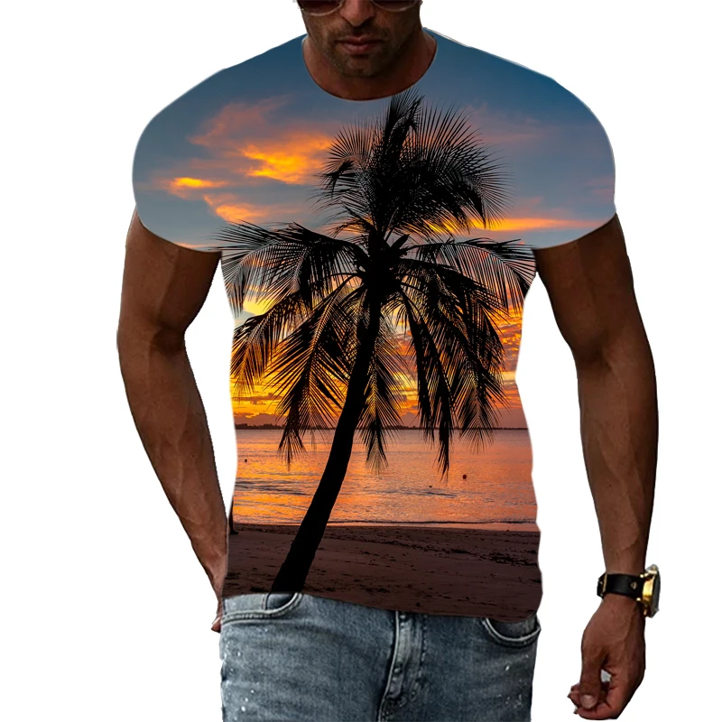 Summer Coastal Palm Tree graphic t shirts For Men Fashion Casual Landscape Pattern T-shirt 3D Printing short sleeve t-shirts Top