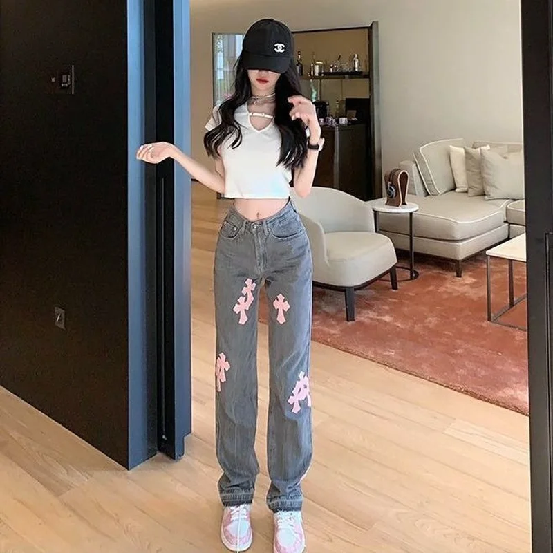 Jean croisé en cuir rose vintage pour femmes, jean droit gothique gris adt, streetwear frit pour fille, denim hip hop, mode automne, nouveau