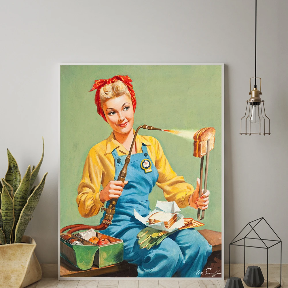 Vintage Cheese Sandwich Toast Poster Popart Woman Kitchen Pin Up Girl Sign Retro Wall Art Canvas Painting Restaurant Pictures