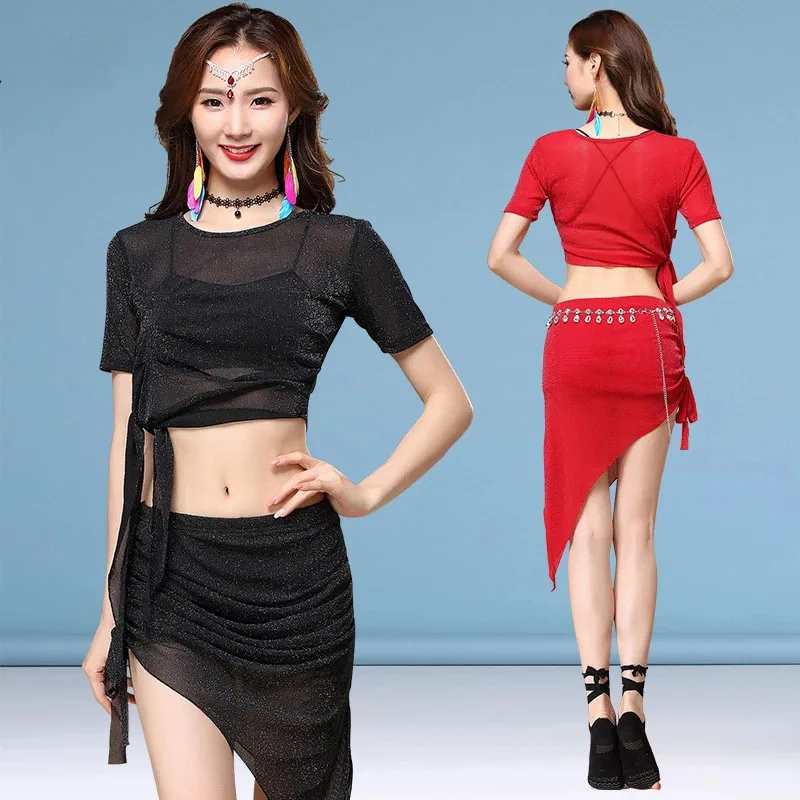 Belly Dance spring summer new practice clothes silver screen gauze bevel skirt practice clothes performance suit adult female