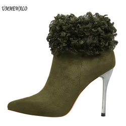 UMMEWALO Ankle Length Flock Boots Women Fashion Pointed Toe Thin Heels High Heel Shoes Winter Ankle Boots Ladies Shoes 8663-6