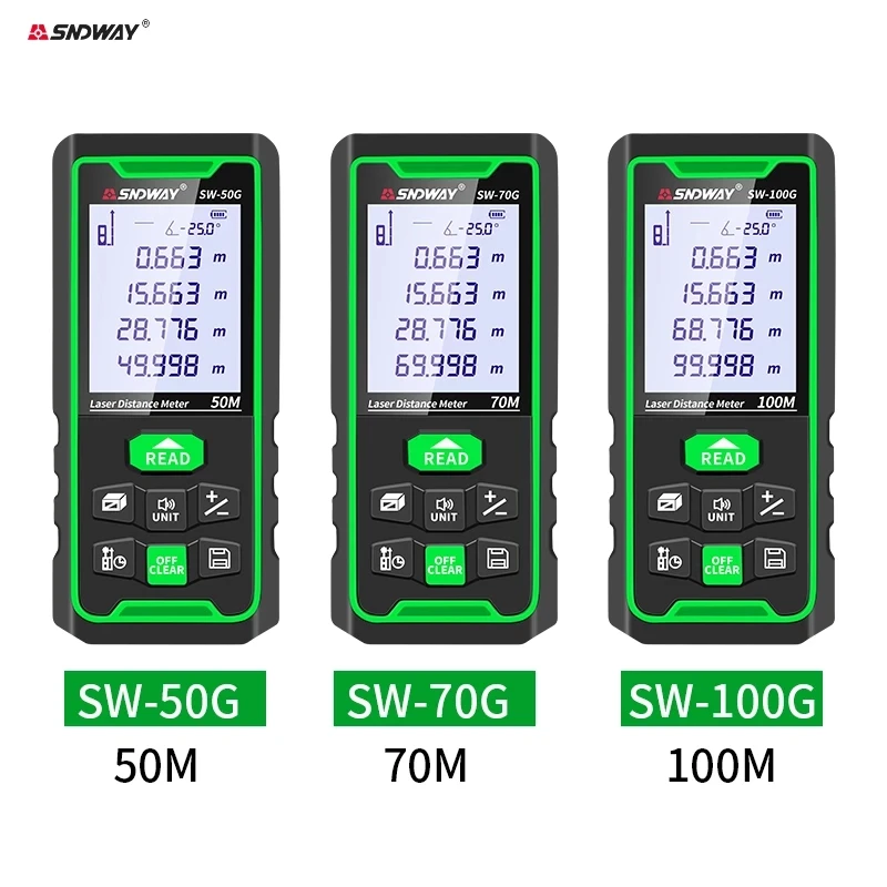 SNDWAY Laser Range Finder 50M 70M 100M Green Light Distance Meter Indoor/Outdoor Trena Lazer Tape Measure Roulette Measurer Tool