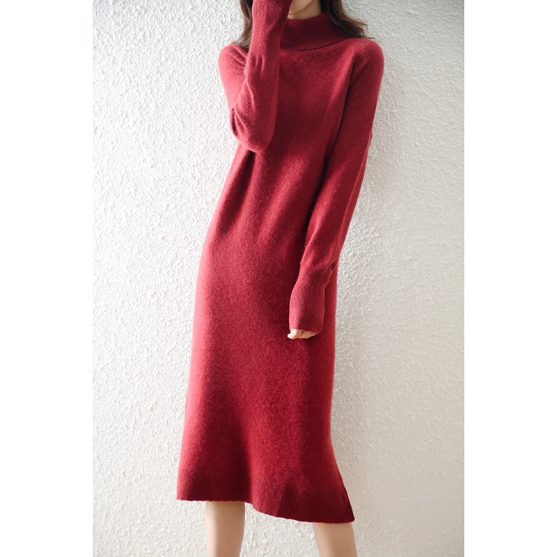 

2021 New Autumn And Winter Sexy Long Dress Soft Feminine With Long 100% Wool Sweater Elegant Female High Neck Knitted Pullovers