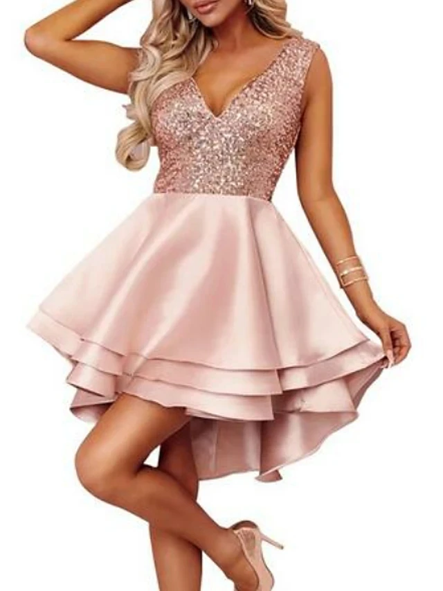 

Vestidos Sparkle Pink Homecoming Cocktail Party Dress 2024 V Neck Short Satin with Sequin Graduation Gowns Robe De Soriee