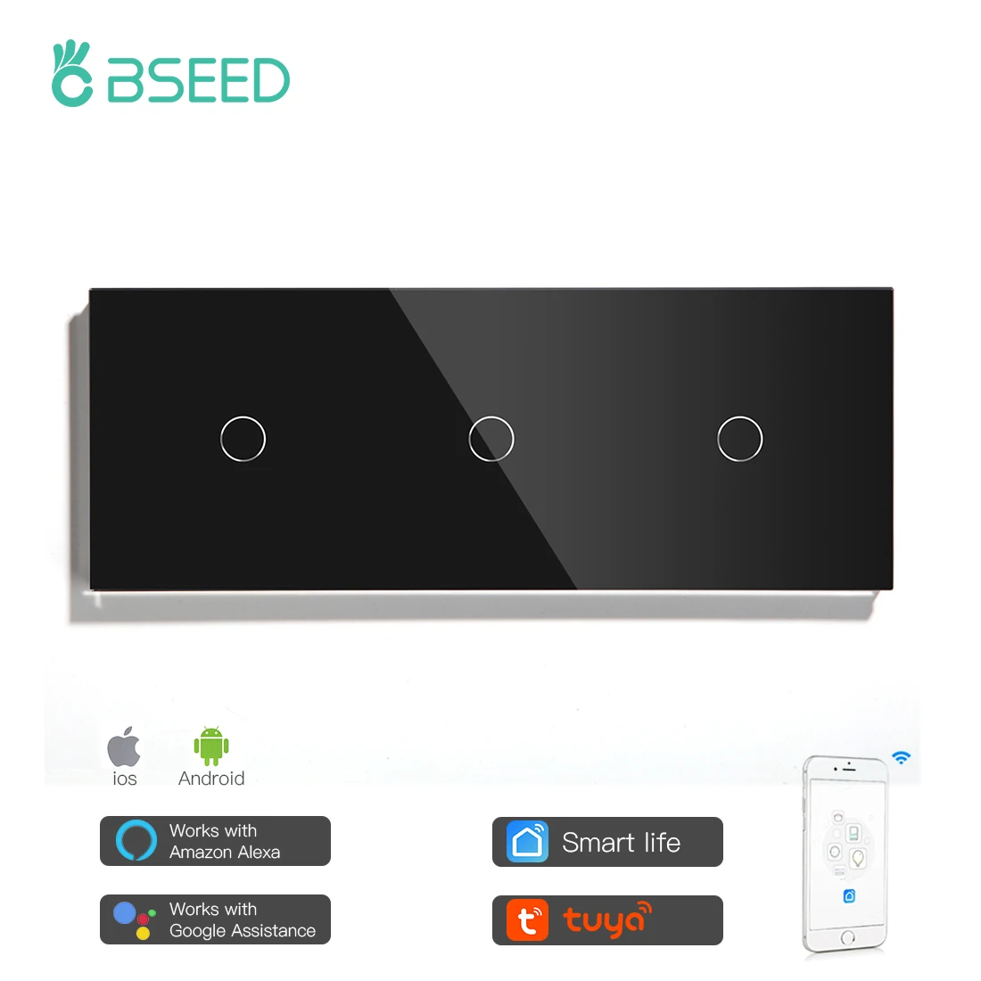 Bseed Brand Smart Wifi Touch Switch 3 Gang EU Standard Touch Sensor Switch Black White With Glass Panel 228mm Work With Tuya