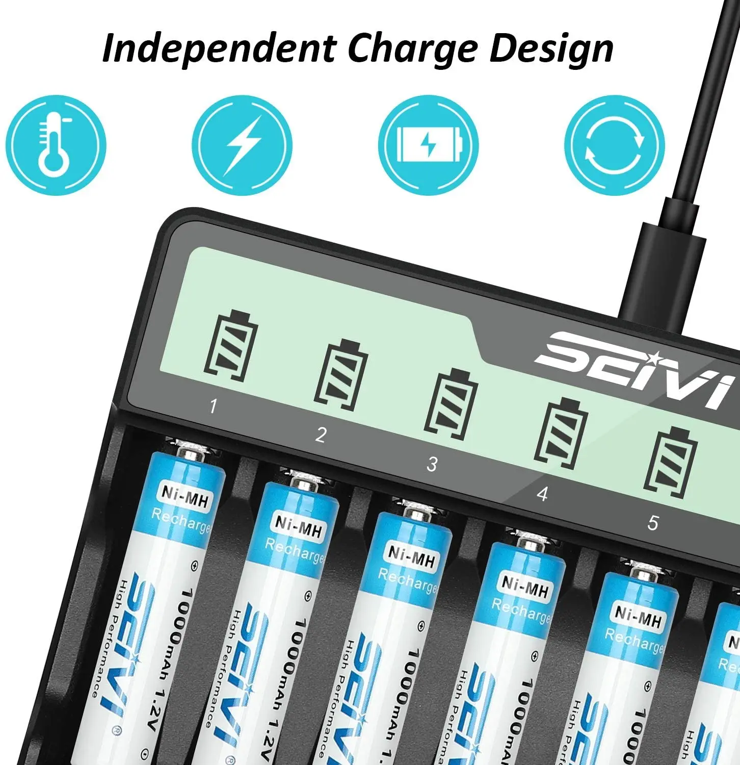 AA AAA Battery Charger 8 Slots Fast Charge with LCD Display for Ni-MH Rechargeable