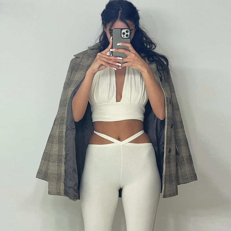 White Pants Sexy Women 2023 Summer Fitness Matching Sets Crop Tops + Leggings Jogging Sportswear Workout Outfits Pantalon Femme