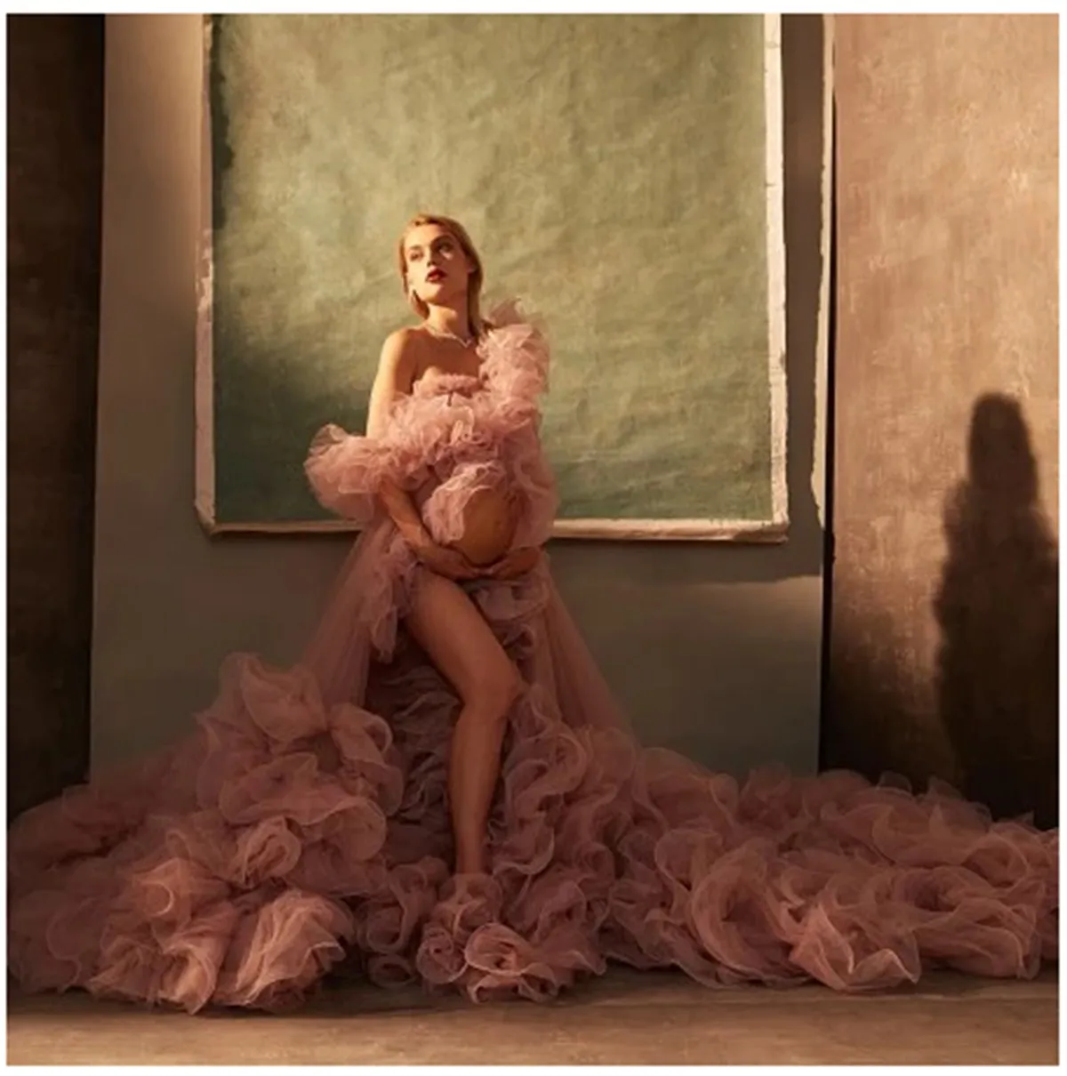 

New Blush Pink Detachable Maternity Dresses For Photo Shoot Tulle Organza Ruffles Pregnancy Extra Puffy Gown With Train