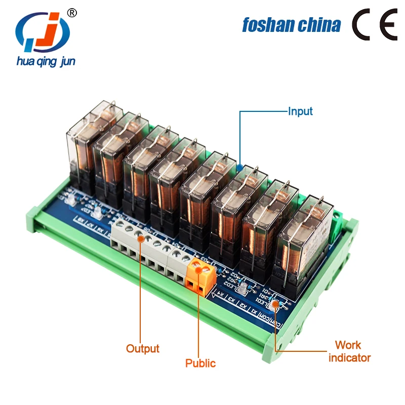 Huaqingjun 8-Channel Hongfa Relay Module 16A Transparent 1NO 1NC DC24V SPDT Electromagnetic Relays for PLC Expansion