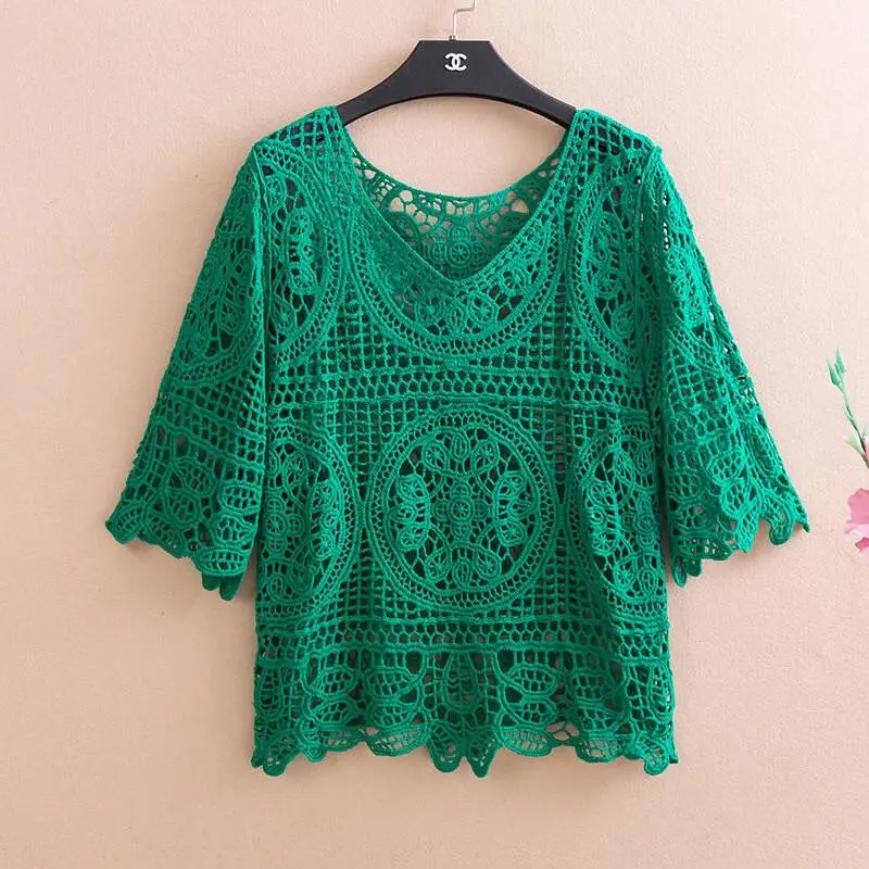 Handmake sweater summer knitted hollow crocheted small shawl blouse women\'s pullover blouse small fresh with suspender dress