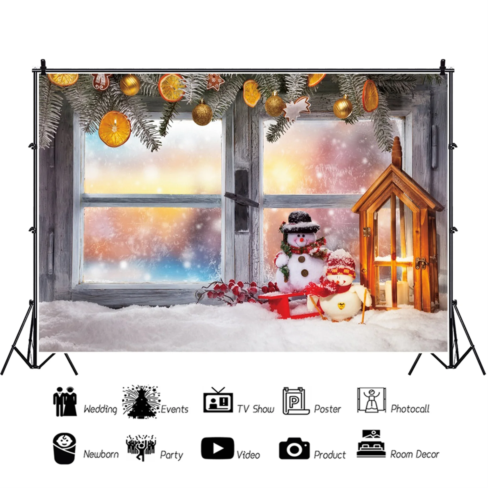 Laeacco Winter Schnee Ansicht Vinyl Hintergrund Weihnachten Kiefer Blätter Fensterbank Schneemann Kerze Baby Portrait Fotografie Hintergrund