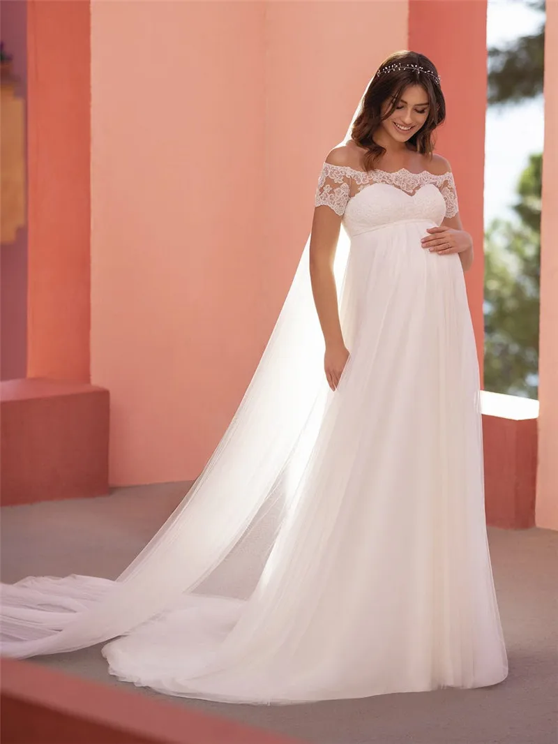 Beach Wedding Dresses For Pregnant Women Boat Neck Short Sleeves Empire A-line Bridal Gowns with Veil Maternity Robe De Mariée