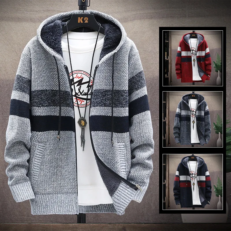 Men\'s Fleece Cardigan Hooded Jacket Winter Sweater Jumper Zip Knitwear Fashion Striped Thick Warm Sweaters Coat Man Clothes