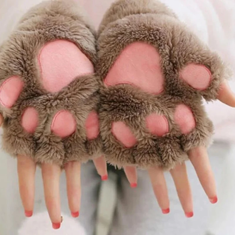 Women Cute Cat Claw Paw Plush Mittens Warm Soft Plush Short Fingerless Fluffy Bear Cat Gloves Costume Half Finger Party Gift