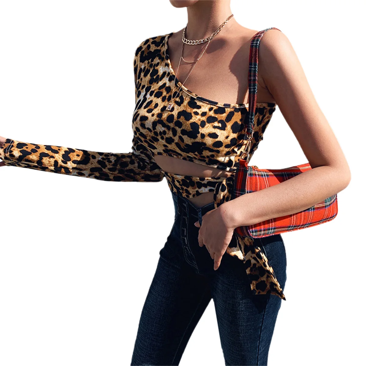 Fashion Women\'s Leopard Skin One Shoulder Tops Blouse Lady Long Sleeve Slim Shirt Sexy Party Elegant Baggy Tunic Clothes