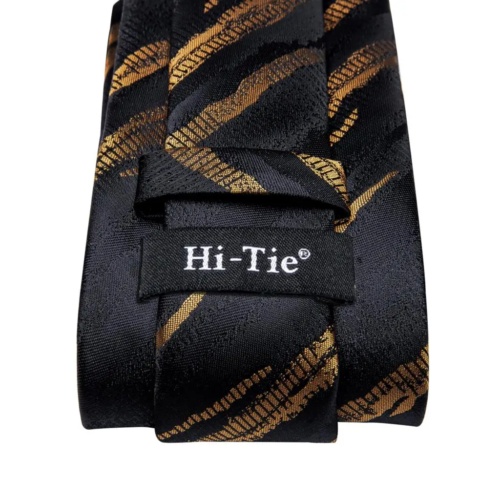 Hi-Tie Black Gold Striped Silk Wedding Tie For Men Handky Cufflink Mens Necktie Set Fashion Designer Business Party Dropshipping