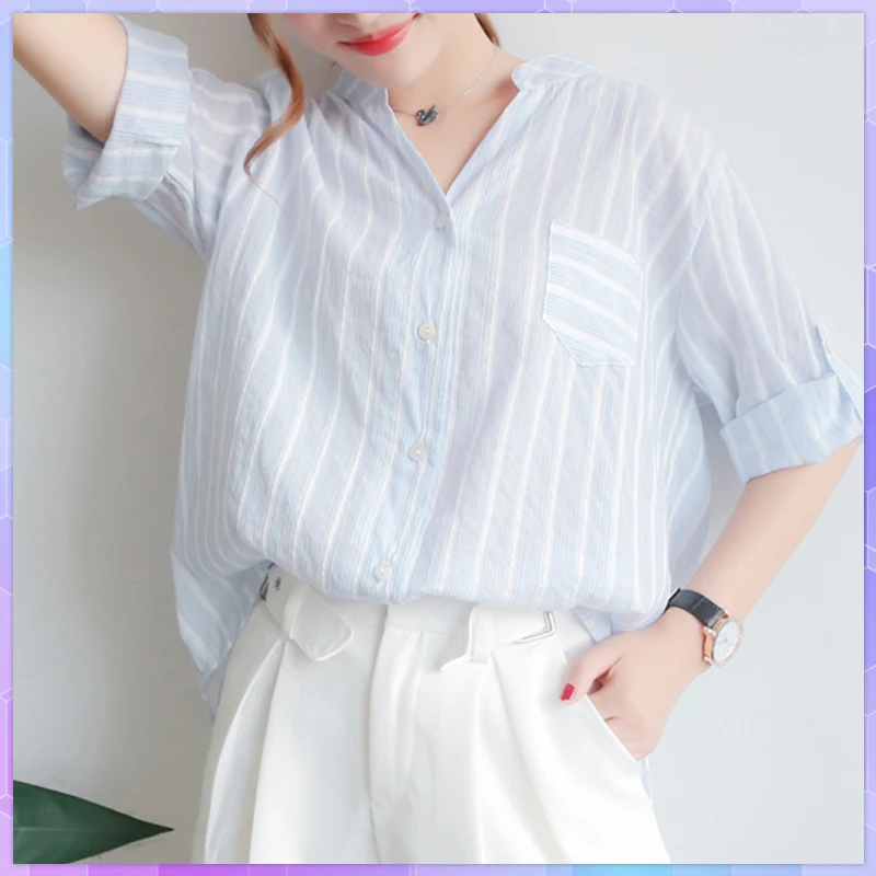 Striped Shirt Summer Women T-shirt 2021 Loose Korean T-shirts Three Quarter Sleeve Top Cotton And Linen Tops Female Clothing