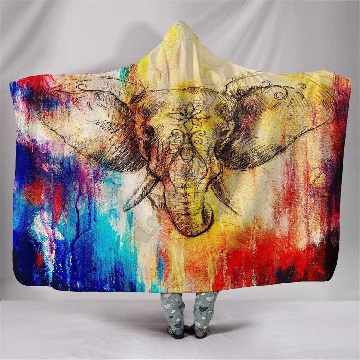 

Artisan Boho Elephant 3d printed Hooded Blanket Adult colorful child Sherpa Fleece Wearable Blanket Microfiber Bedding