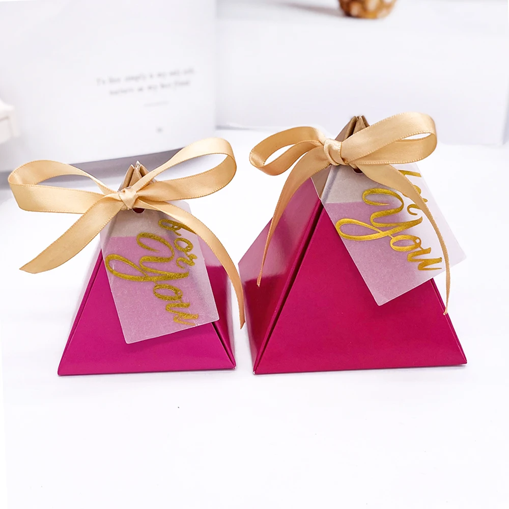 10Pcs Rose Red Triangular Pyramid Sweet Candy Box Paper Gift Boxes Chocolate Bags Gift Packing Box Wedding Favors Decoration