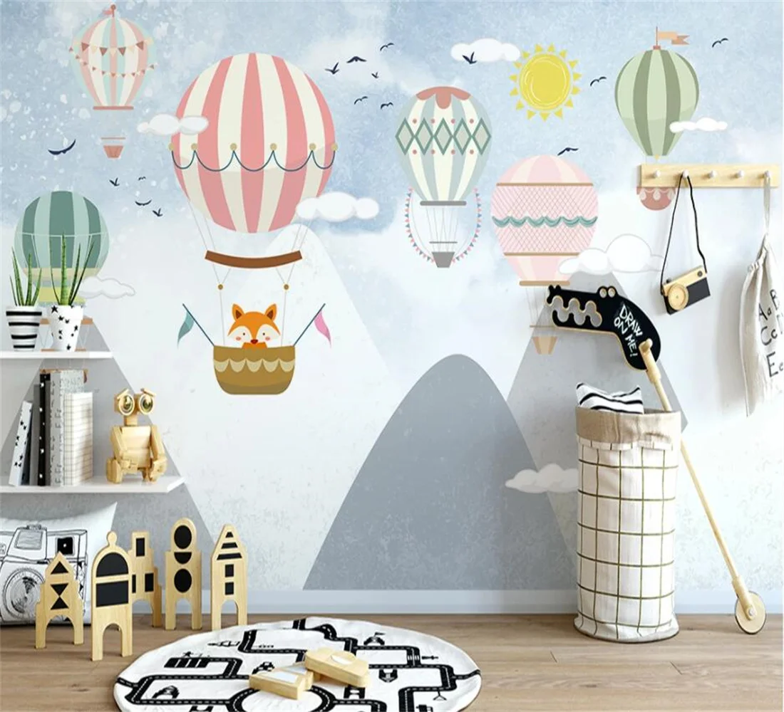 Customized Cartoon Wallpaper Hand-painted Children's Room Hot Air Balloon Abstract Mountain Peak Nordic Mural 3D Wallpaper