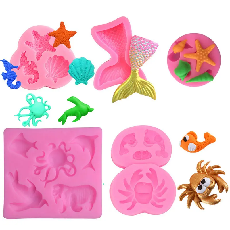 Marine series silicone mold mermaid cake decoration tool starfish seal crab marine life soft candy epoxy resin mold