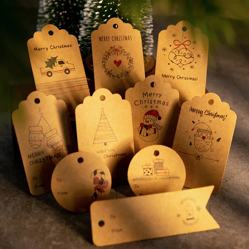 100Pcs Christmas Kraft Paper Packaging Hang Tags Xmas Party Candy Boxes Price Tags for Flower/Cosmetics Labels Christmas Decor