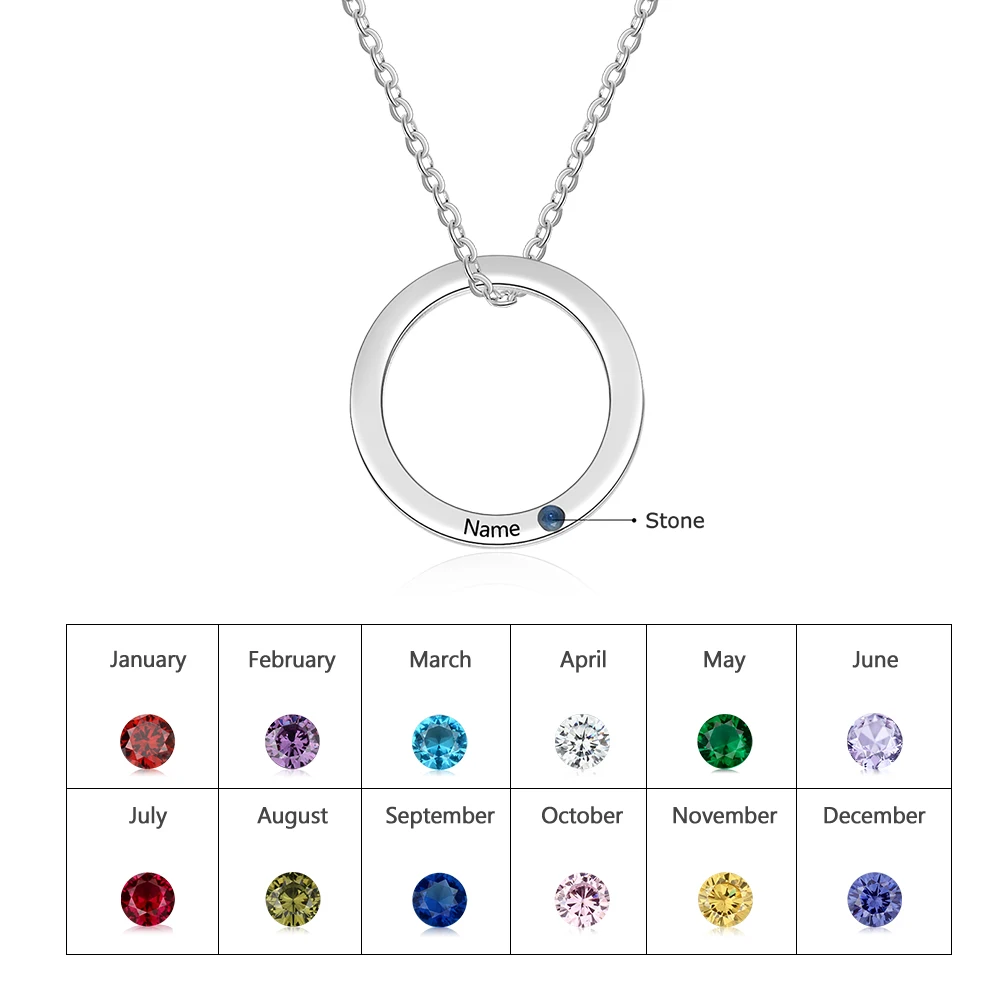 Personalized Name Engraved Necklace Custom Birthstone Circle Pendant Stainless Steel Jewelry Gift for Women (JewelOra NE103273)