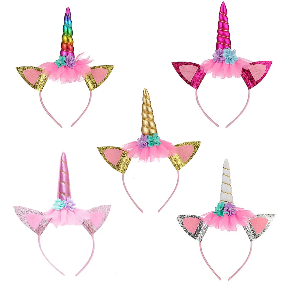 3-10Y Unicorn Headband Gold Horn Ears Photo Props Girl Birthday Party Fantasy Headwear Accessory Princess Cosplay Costume