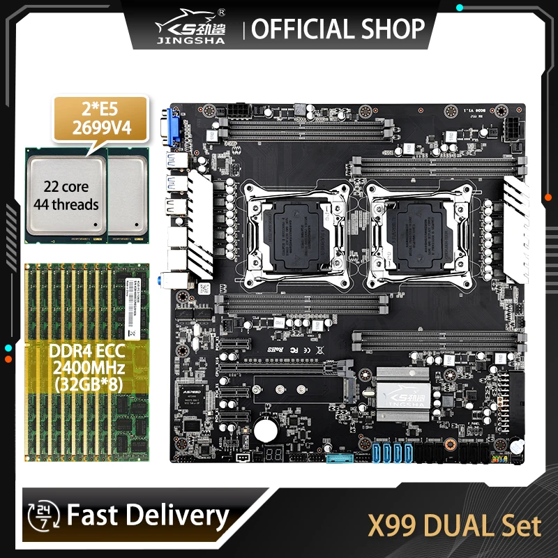 JINGSHA X99 Dual Motherboard Dual With XEON E5 2699 V4*2 With 8*32GB DDR4 ECC Memory Combo Kit NVME USB3.0 Socket LGA 2011-3 X99