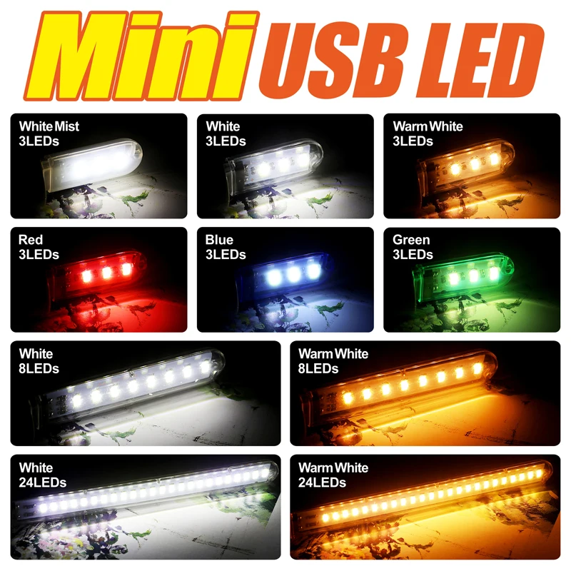 Mini USB LED Book Lights 3LEDs 8LEDs 24LEDs SMD 5630 5730 LED Bulb 5V For PC Laptop Notebook With Touch Switch Red Green Blue