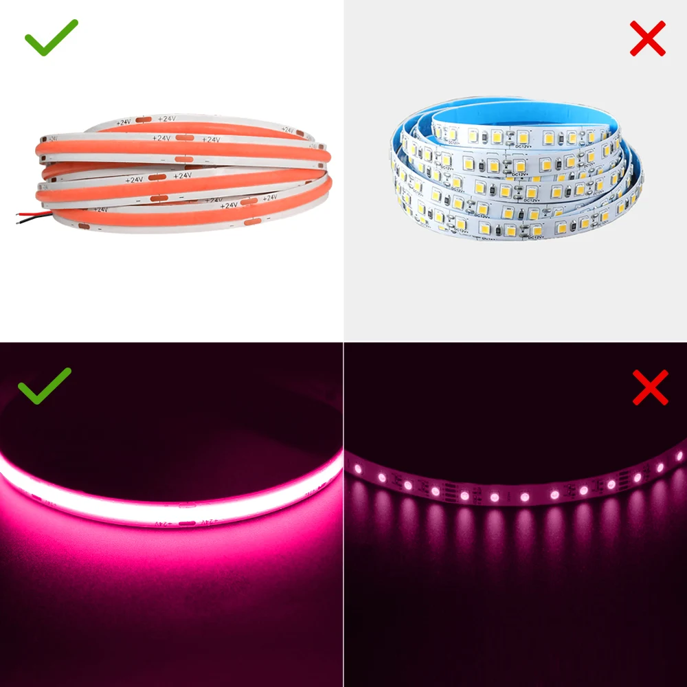 Imagem -04 - Fita de Led Colorida Dimerizável para Decoração de Quarto Tira de Luz Cob Colorida mm 12v 24v com Ajuste de Cores Verde Azul Rosa Roxo